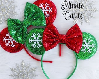 Mickey Snowflake Ears, Minnie Christmas Ear, Red and Green Mouse Ear, Christmas Minnie ear, Christmas Mouse Ear Headband for adults and kids