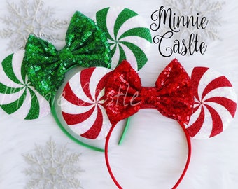 Red peppermint Minnie ears, Peppermint Mickey ears, Christmas Minnie ears, Christmas ears, Candy Cane Minnie Mouse Ears, Red Peppermint ears
