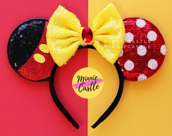 Orejas de ratón con lentejuelas y lunares: diadema con orejas de Mickey en rojo, blanco y pantalones.
