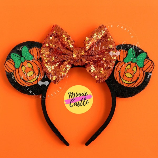 Orejas de Mickey para Halloween, orejas de calabaza para Halloween, orejas de Mickey, orejas de Minnie, orejas de Minnie de calabaza para Halloween, diadema con orejas de ratón naranja y negro