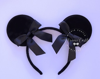 Mickey Ears, Black Satin bow Mickey Ears, Coquette Ribbon Bow Mouse Ears, Minnie Ears, Black Mickey Ears, Non Glitter Mouse Ears Headband