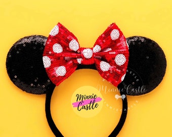 Mickey Ears, Classic Mouse Ears, Mickey Ears, Mouse Ears Headband, Minnie Ears, Red White Polka Dots Bow Mouse Ears, Mickey Ears, Mouse Ears