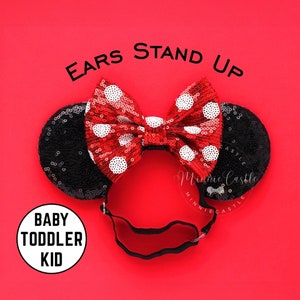 Mickey Ears, Minnie Ears, Baby Toddlers Minnie Ears, Red Bow Mouse Ears, Minnie Ears with Elastic Headband, Red white Polka Dots Ears
