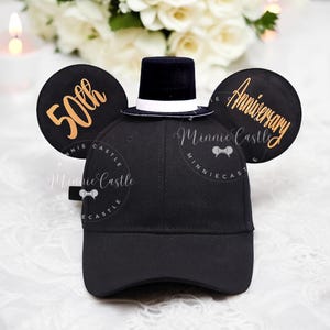 50th Anniversary Hat, Mickey Ears Cap, Mouse Ear with Lettering & Top Hat, Custom Mickey Baseball Cap, Celebration Party, Trip Gift Idea