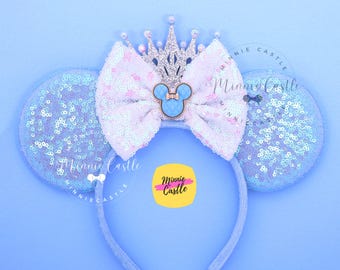 Sky White Mouse Ears with Silver Crown, Mickey Ears, Princess Minnie Headband, Cinderella Blue Ears Birthday Gift