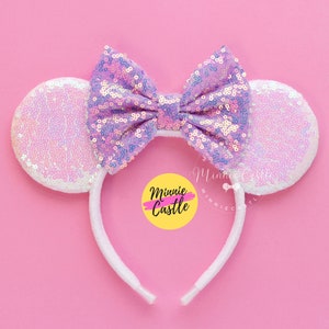 Mouse Ears Iridescent White Pastel Sequin Headband Candy Purple Bow Mickey Minnie Ears