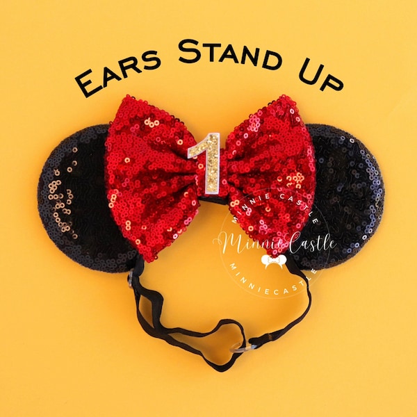 Orecchie di Minnie, 1 ° compleanno Minnie mouse orecchie, fascia elastica per le orecchie di Topolino primo compleanno, fascia per le orecchie di Topolino Baby Minnie, orecchie Disney