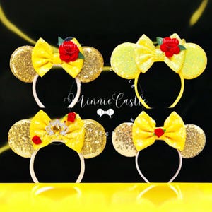 Belle Mickey Ears Princess Minnie Ears, Minnie Ears, Beauty and The Beast Ears, Yellow and Gold Minnie Ears with Rose, Mouse Ears Headband