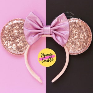 Mouse Ears, Minnie Ears, Rose Gold Mickey Ears, Pink Mouse Ears, Mouse Ears Headband, Rose Gold Ears, Mickey Ears Pink Bow Minnie Ears