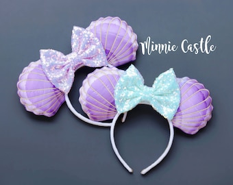 Orejas de ratón con forma de concha de sirena con lazo / Diadema de satén morado 3D abullonada / Accesorios para parques temáticos mágicos