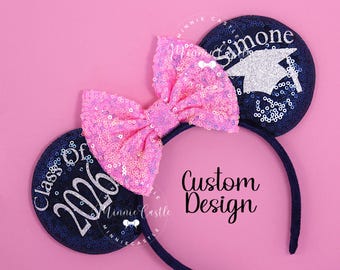 Custom Graduation Mouse Ears, Class of 2026 Mickey Ears, Pink White Senior Minnie Hat, Grad Cap Ears Gift, Graduation Memory for Her