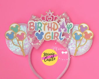 Birthday girl Crown ears, Mickey ears, Minnie ears,  birthday ears, birthday Mickey ears with Princess tiara, iridescent Mouse ears headband