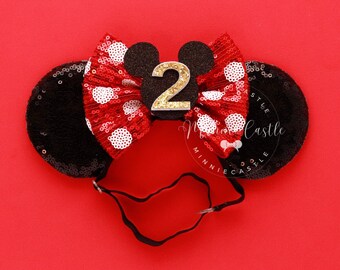 Birthday ears Toddlers, Baby birthday Mickey ears , Minnie ears Elastic Headband, Red white Polka dots Mouse ears, Second Birthday ears