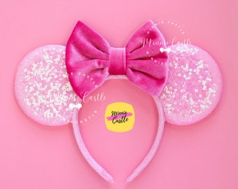 Mouse Ears Pink Sequin Headband with Velvet Bow Minnie Mickey Ears Kids & Adults