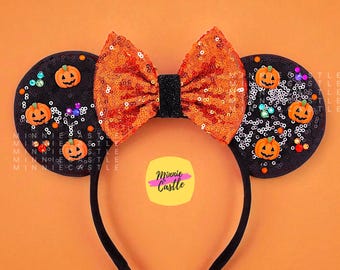 Orejas de Mickey con dije de calabaza: Orejas de ratón con lentejuelas de Halloween de Minnie Castle