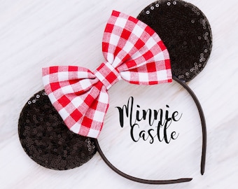 Mouse Ears Red White Checkered Headband Gingham Bow Mickey Minnie Ears Kids & Adults