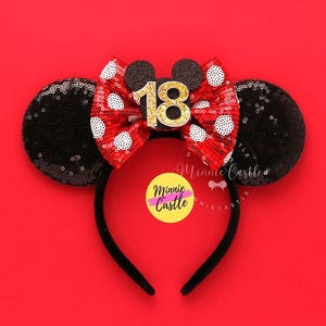 18th Birthday Mouse Ears, Mickey Ears, Custom Birthday ears with Age, Minnie Ears, Red White Polka dot Mouse Ears Headband for Gift