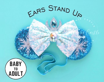 Queen Ice Mouse Ears Elastic Headband | Snowflake Ice Blue Sequin Bow Baby Toddler Adults Princess Costume Accessory