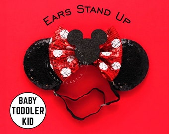 Mouse Ears Elastic Headband with Mickey Head, Baby Minnie Ears, Red White Polka dots Comfortable Mouse Ears for Kids & Toddler Birthday Gift