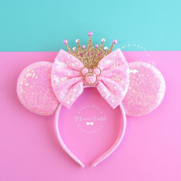 Pink Mickey Ears with Gold Crown, Mickey Ears, Minnie Ears, Princess Ears, Pink and Gold Mouse Ears Headband, Birthday Ears, Mickey Ears