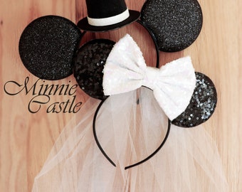 Orejas de ratón para novios, orejas de Mickey, diadema de orejas de Minnie para novias, orejas de luna de miel, ideas de regalos para novias, orejas de compromiso, orejas en blanco y negro