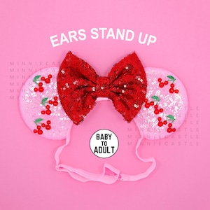 Cherry Mickey Ears, Cherry Mouse Ears, Minnie Ears for Baby to Adults, Mickey Ears Elastic Headband, Pink Red Cherry Minnie Ear for All ages