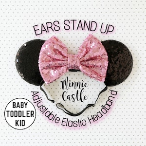Minnie ears, Baby toddlers Mickey ears, Mouse ears with adjustable elastic headband, Pink and black sequin ears, Stretch band Mickey ears
