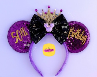 50th Birthday Mouse Ears Headband | Purple Black Gold Crown Bow | Custom Milestone Party Trip Vacation Travel Halloween Gift Ideas