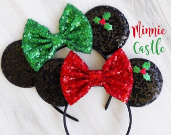 Christmas Minnie mouse ears, Christmas ears, Christmas Mickey ears, Christmas Disney ears, holiday Minnie ears, Minnie mouse ears,