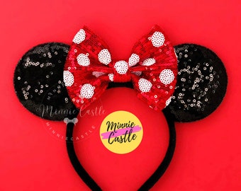 Minnie Ears, Red bow Mickey Ears, Polka Dots Mouse Ears, Mickey Ears, Minnie Ears, Mouse Ears Headband, Red and White Polka Dots Bow Ears
