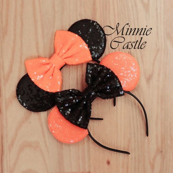 Black and Orange Halloween Mickey Ears, Halloween Ears, Halloween Minnie ears, Halloween Mickey Ears, Halloween theme Pumpkin color ears,