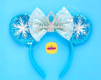 Snow Queen Mouse Ears with Crown | Snowflake Teal Gem Blue Sequin Headband | Magic Theme Park Accessories