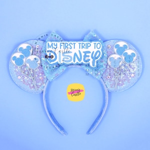 First Trip to Magic World Mouse Ears, Mickey Ears, Baby Blue Minnie Ears with Balloons, Light Blue Minnie Headband for Girls & Women, Gift