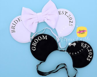 Orejas de novios, orejas de Mickey, orejas de Minnie para la novia, diadema elástica con orejas de ratón para pareja, orejas de Mickey cómodas, regalo de boda personalizado