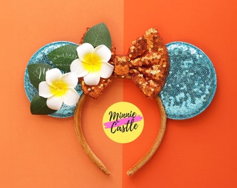 Island Princess Mouse Ears | Hawaiian Flower Tropical Turquoise Orange Headband | Kids Adults