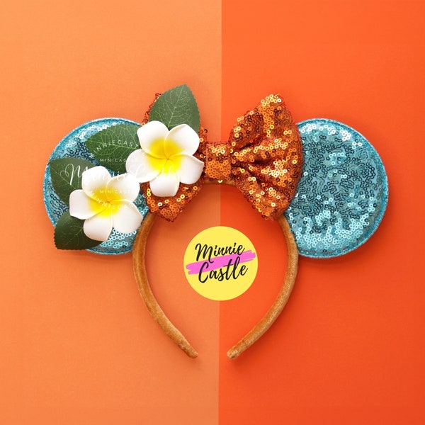 Island Princess Mouse Ears | Hawaiian Flower Tropical Turquoise Orange Headband | Kids Adults