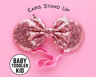 Pink Minnie Ears Elastic Headband for Baby, Toddler Mickey Ears, Kid Sequin Mouse Ears for Birthday Gift, Adjustable and Comfortable
