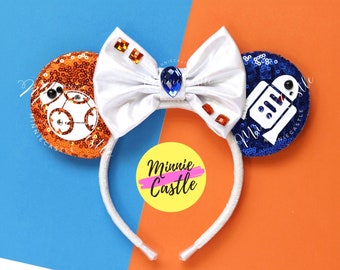 Space Droid Mouse Ears Headband | Orange Blue Robot Sequin Bow | Sci Fi Theme Park Family Vacation Gift