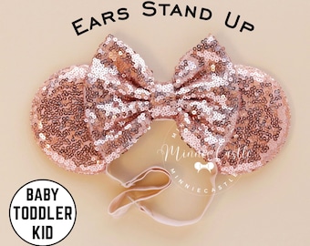 Rose Gold Mickey Ears, Baby Toddlers Minnie Ears, Mickey Ears, Minnie Ears, Mouse Ears with Elastic Headband, Toddler Mickey Ears