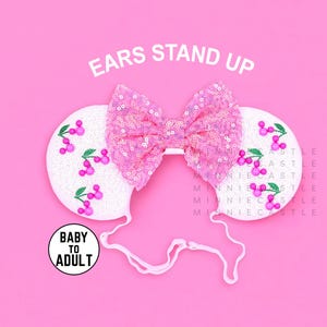 Mickey Cherry Ears, Cherry Mouse Ears, Minnie Ears for Baby to Adults, Mickey Ears Elastic Headband, Pink Cherry Minnie Ear for All ages