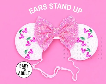 Mickey Cherry Ears, Cherry Mouse Ears, Minnie Ears for Baby to Adults, Mickey Ears Elastic Headband, Pink Cherry Minnie Ear for All ages