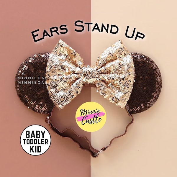 Mouse Ears for Infant to Kids, Mickey Minnie Ears, Elastic Headband, Champagne Gold and Brown, Adjustable Fit, Comfortable & Baby Gift Idea