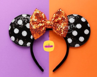 Halloween  Black White Polka Dots Mouse Ears | Pumpkin Orange Sequin Bow Headband | Kids Adults Park Vacation Costume Gift Ideas