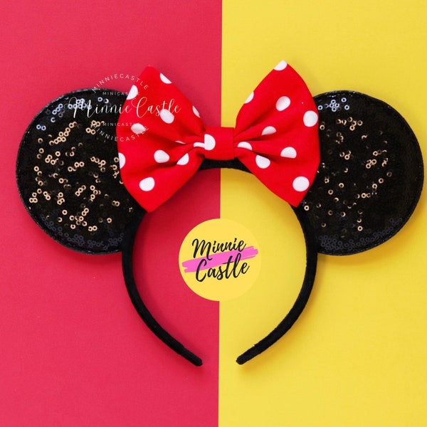 Mickey Ears, Minnie Ears, Red White Polka Dot Mouse Ears, Classic Mickey Ears, Minnie Ears, Mouse Ears Headband,  Red bow Mickey Ears