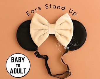Oreilles de Mickey pour adultes, oreilles de souris pour femmes, oreilles de Mickey en velours beige, oreilles de Minnie, oreilles de souris avec bandeau élastique, oreilles de Mickey, oreilles de Mickey
