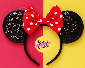 Minnie mouse ears, polka dot Minnie ears, Polka dot Minnie mouse Disney ears, Mickey mouse ears headband, Disney ears, Red bow Mickey ears