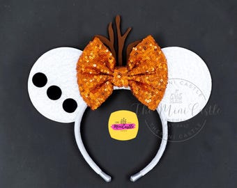 Snow Friend Mouse Ears with Wood Branch Headband| Orange Sequin Bow| Theme Park Accessories