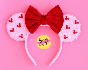 Pink Red Pearl Mouse Ears Headband | Valentines Day Velvet for Kids & Adults | | Theme Park Accessories Gift