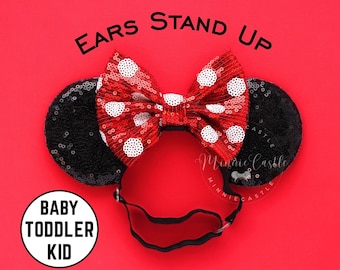 Mickey Ohren, Minnie Ohren, Baby Kleinkinder Minnie Ohren, Rote Schleife Maus Ohren, Minnie Ohren mit elastischem Stirnband, Rot Weiß Polka Dots Ohren