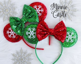 Red and Green Bow Christmas Minnie ears, Christmas Minnie ears, Christmas ears, Christmas Mickey ears, Christmas Disney Minnie ears,